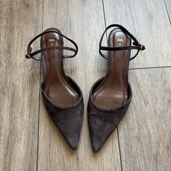 Suede slingback brown Kitten heels Zara size 9 - Picture 1 of 4